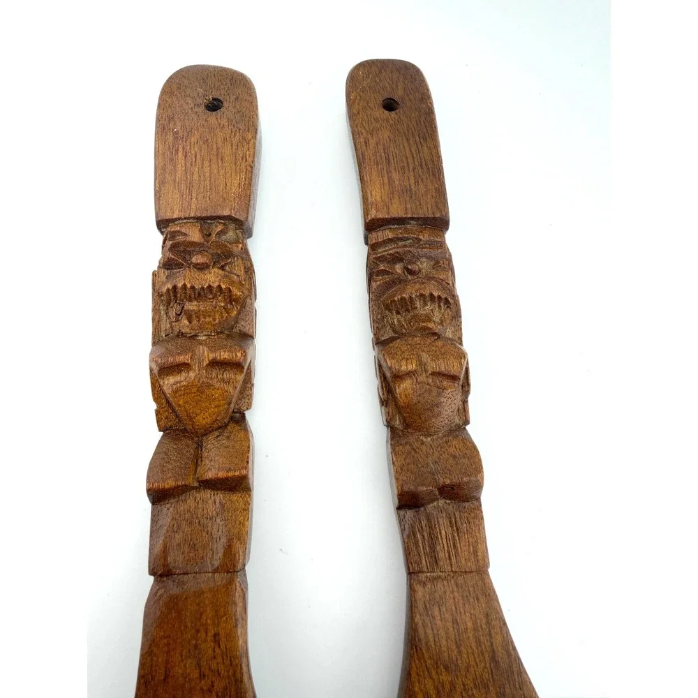 Vintage Hand Carved Wooden Tiki Salad Servers 12 Inch Wood Fork Spoon Set MCM